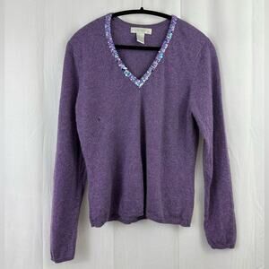100% Cashmere Purple Sequin Women’s V-neck Sweater Size Large